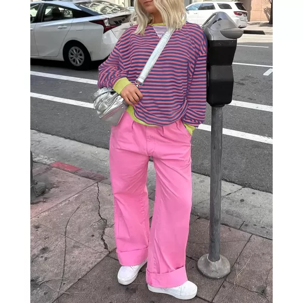 ZESICA Womens Casual Striped Pullover Tops Long Sleeve Shirts Crewneck Oversized Sweatshirts 2024 Fall ClothesRose