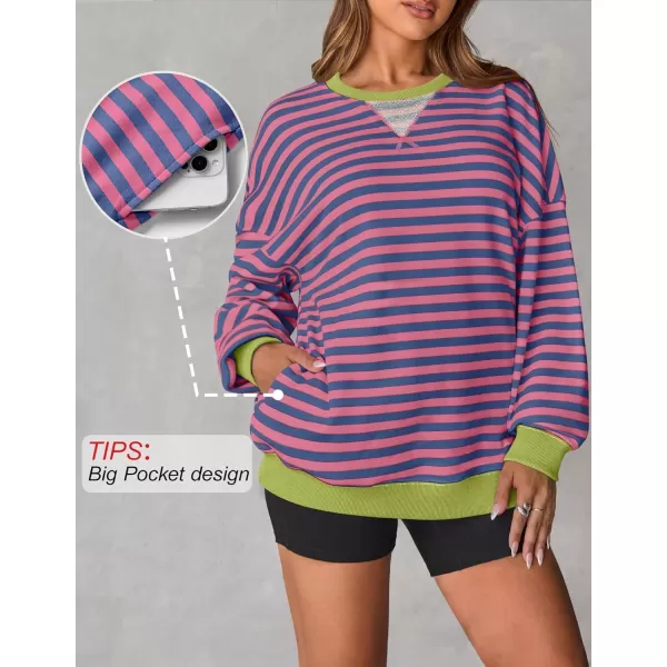 ZESICA Womens Casual Striped Pullover Tops Long Sleeve Shirts Crewneck Oversized Sweatshirts 2024 Fall ClothesRose