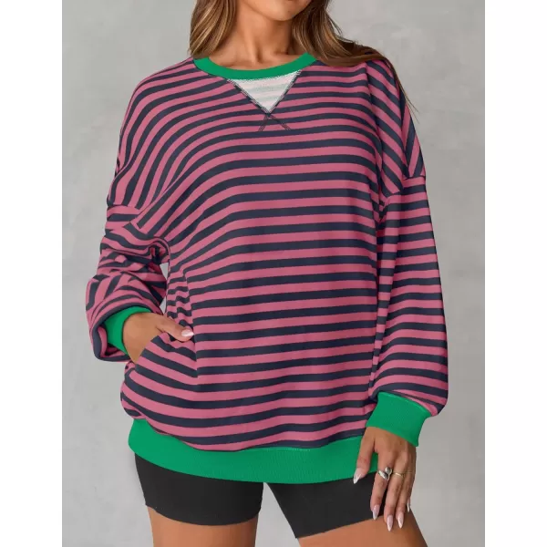 ZESICA Womens Casual Striped Pullover Tops Long Sleeve Shirts Crewneck Oversized Sweatshirts 2024 Fall ClothesRosepink