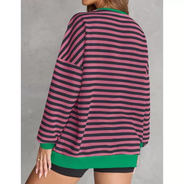 ZESICA Womens Casual Striped Pullover Tops Long Sleeve Shirts Crewneck Oversized Sweatshirts 2024 Fall ClothesRosepink
