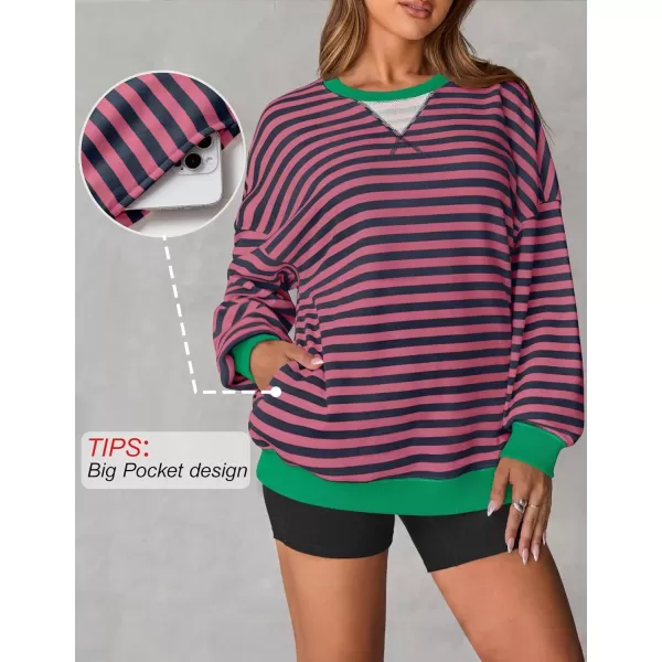 ZESICA Womens Casual Striped Pullover Tops Long Sleeve Shirts Crewneck Oversized Sweatshirts 2024 Fall ClothesRosepink