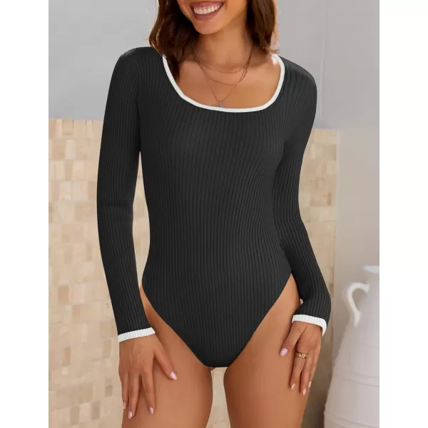 ZESICA Womens Long Sleeve Square Neck Bodysuits 2024 Fall Ribbed Color Block Slim Fitted Knit Basic Body Suit TopsBlack