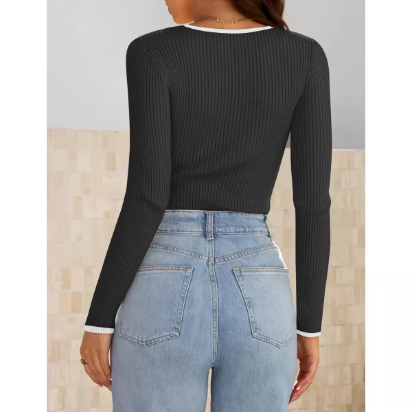 ZESICA Womens Long Sleeve Square Neck Bodysuits 2024 Fall Ribbed Color Block Slim Fitted Knit Basic Body Suit TopsBlack