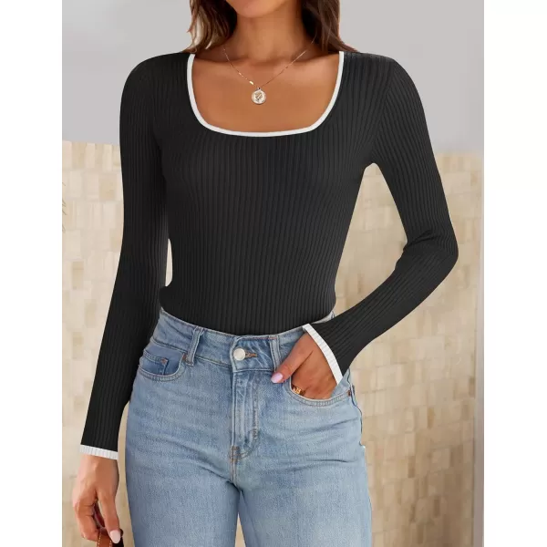 ZESICA Womens Long Sleeve Square Neck Bodysuits 2024 Fall Ribbed Color Block Slim Fitted Knit Basic Body Suit TopsBlack