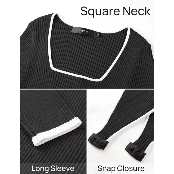ZESICA Womens Long Sleeve Square Neck Bodysuits 2024 Fall Ribbed Color Block Slim Fitted Knit Basic Body Suit TopsBlack