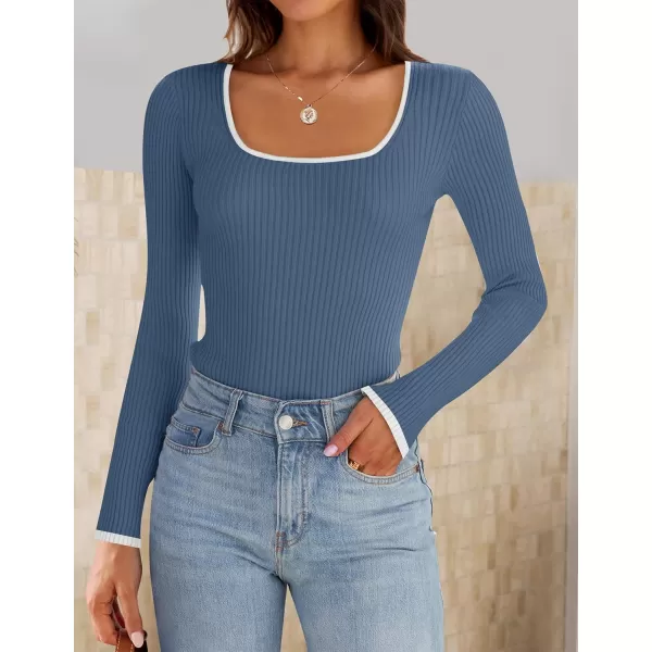 ZESICA Womens Long Sleeve Square Neck Bodysuits 2024 Fall Ribbed Color Block Slim Fitted Knit Basic Body Suit TopsDusty Blue