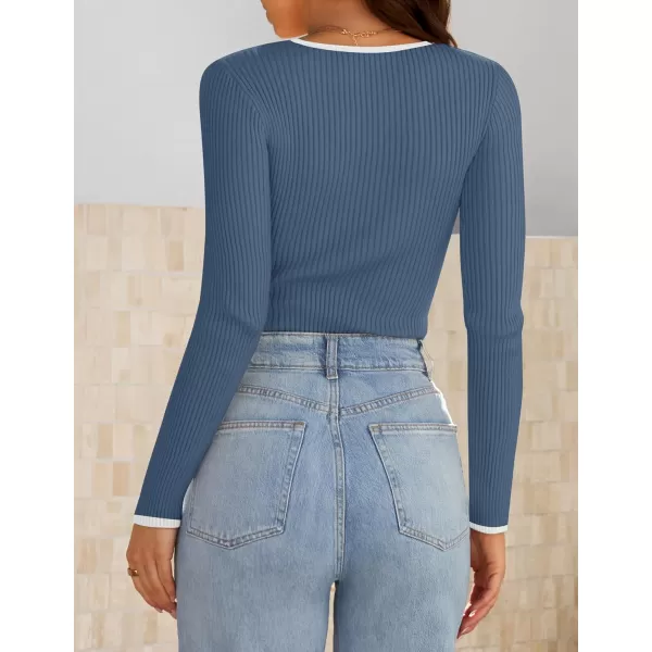 ZESICA Womens Long Sleeve Square Neck Bodysuits 2024 Fall Ribbed Color Block Slim Fitted Knit Basic Body Suit TopsDusty Blue