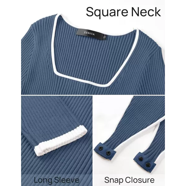 ZESICA Womens Long Sleeve Square Neck Bodysuits 2024 Fall Ribbed Color Block Slim Fitted Knit Basic Body Suit TopsDusty Blue