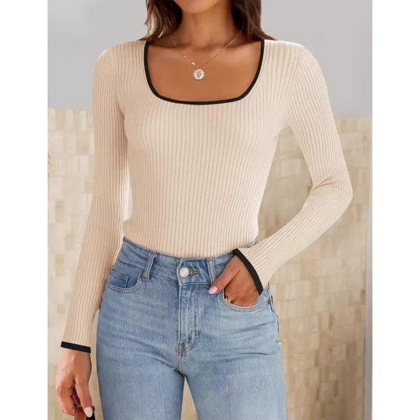 ZESICA Womens Long Sleeve Square Neck Bodysuits 2024 Fall Ribbed Color Block Slim Fitted Knit Basic Body Suit TopsSand