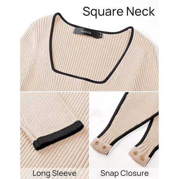 ZESICA Womens Long Sleeve Square Neck Bodysuits 2024 Fall Ribbed Color Block Slim Fitted Knit Basic Body Suit TopsSand