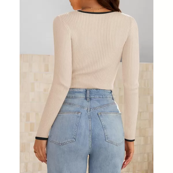 ZESICA Womens Long Sleeve Square Neck Bodysuits 2024 Fall Ribbed Color Block Slim Fitted Knit Basic Body Suit TopsSand