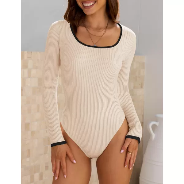 ZESICA Womens Long Sleeve Square Neck Bodysuits 2024 Fall Ribbed Color Block Slim Fitted Knit Basic Body Suit TopsSand