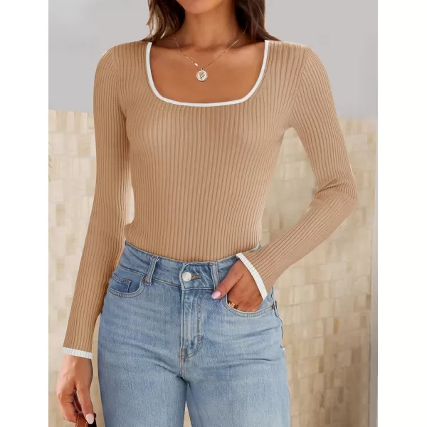 ZESICA Womens Long Sleeve Square Neck Bodysuits 2024 Fall Ribbed Color Block Slim Fitted Knit Basic Body Suit TopsToffee