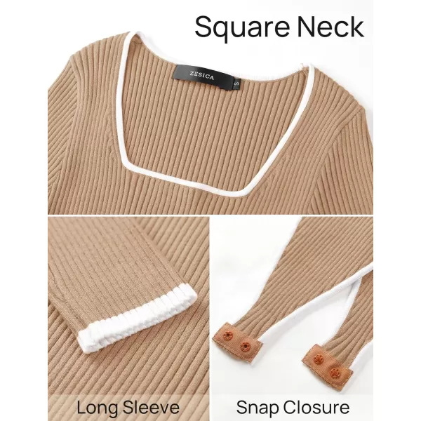 ZESICA Womens Long Sleeve Square Neck Bodysuits 2024 Fall Ribbed Color Block Slim Fitted Knit Basic Body Suit TopsToffee