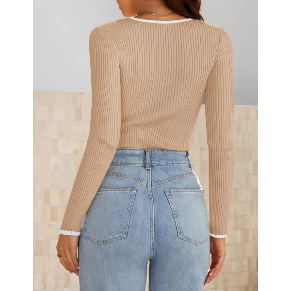 ZESICA Womens Long Sleeve Square Neck Bodysuits 2024 Fall Ribbed Color Block Slim Fitted Knit Basic Body Suit TopsToffee