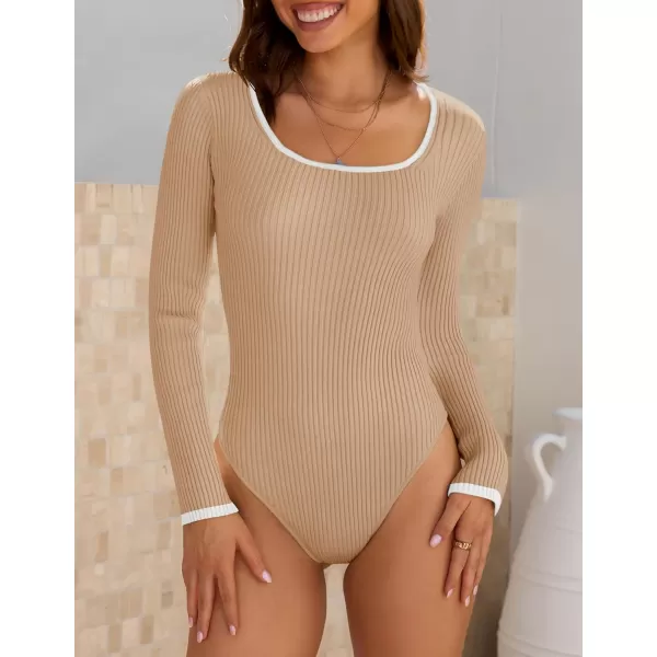ZESICA Womens Long Sleeve Square Neck Bodysuits 2024 Fall Ribbed Color Block Slim Fitted Knit Basic Body Suit TopsToffee