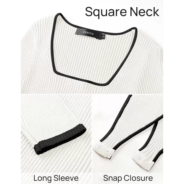 ZESICA Womens Long Sleeve Square Neck Bodysuits 2024 Fall Ribbed Color Block Slim Fitted Knit Basic Body Suit TopsWhite