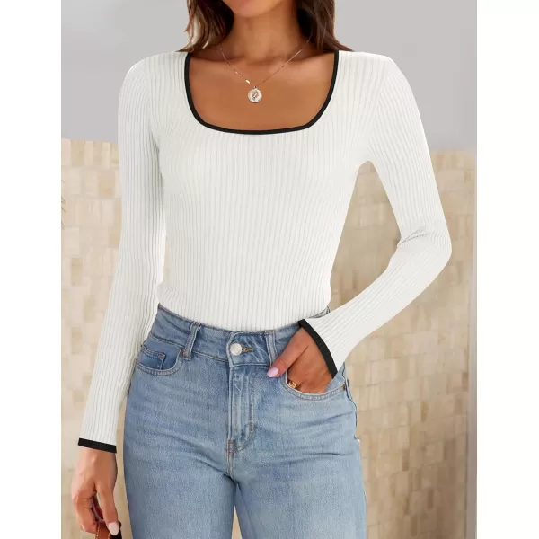 ZESICA Womens Long Sleeve Square Neck Bodysuits 2024 Fall Ribbed Color Block Slim Fitted Knit Basic Body Suit TopsWhite
