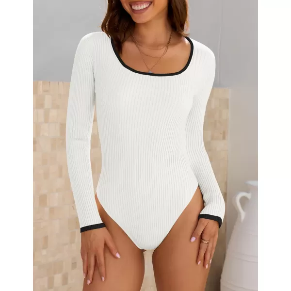 ZESICA Womens Long Sleeve Square Neck Bodysuits 2024 Fall Ribbed Color Block Slim Fitted Knit Basic Body Suit TopsWhite