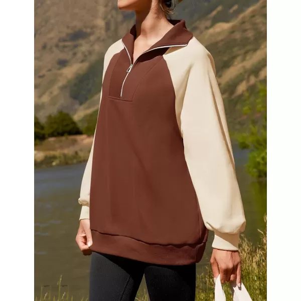 ZESICA Womens Oversized Sweatshirts 2024 Half Zip Long Sleeve Pullover Tops Fall Fashion Color Block ClothesBrown
