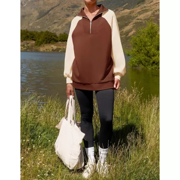 ZESICA Womens Oversized Sweatshirts 2024 Half Zip Long Sleeve Pullover Tops Fall Fashion Color Block ClothesBrown