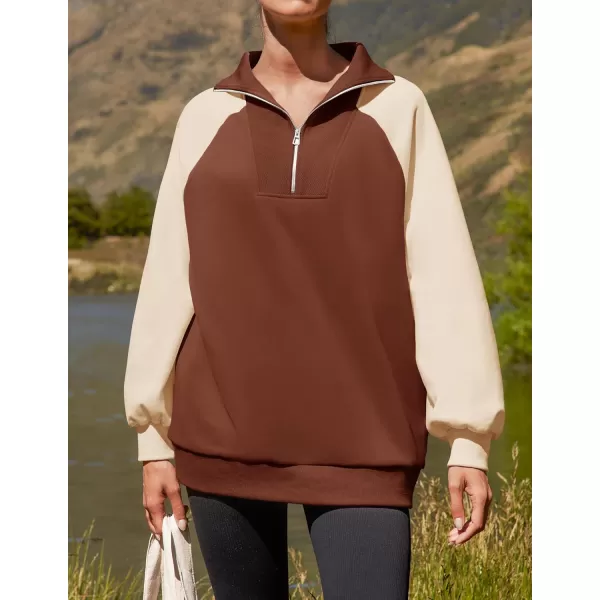 ZESICA Womens Oversized Sweatshirts 2024 Half Zip Long Sleeve Pullover Tops Fall Fashion Color Block ClothesBrown