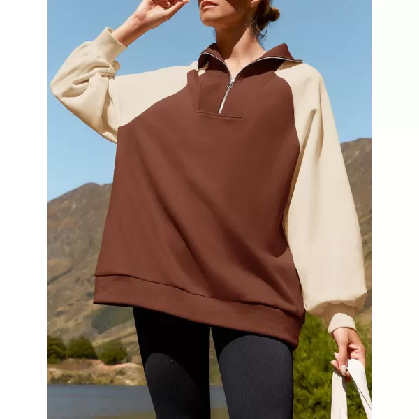 ZESICA Womens Oversized Sweatshirts 2024 Half Zip Long Sleeve Pullover Tops Fall Fashion Color Block ClothesBrown