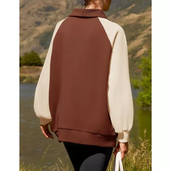 ZESICA Womens Oversized Sweatshirts 2024 Half Zip Long Sleeve Pullover Tops Fall Fashion Color Block ClothesBrown