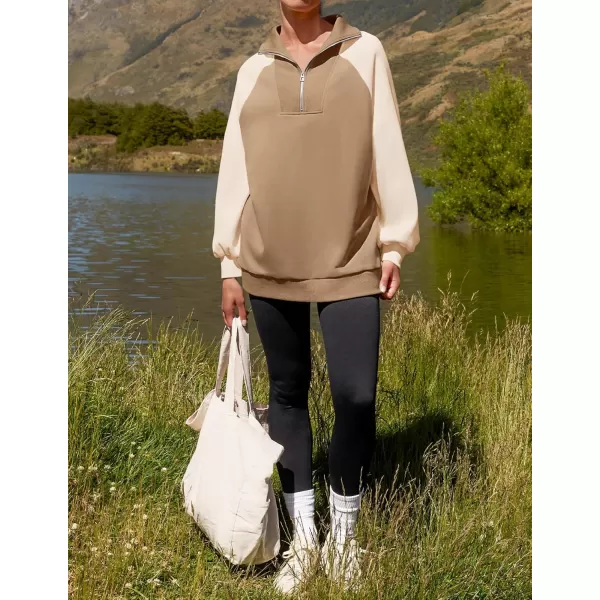 ZESICA Womens Oversized Sweatshirts 2024 Half Zip Long Sleeve Pullover Tops Fall Fashion Color Block ClothesKhaki
