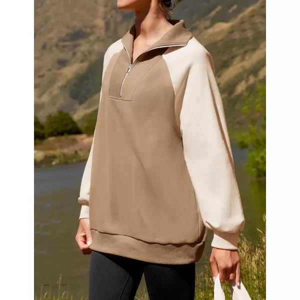 ZESICA Womens Oversized Sweatshirts 2024 Half Zip Long Sleeve Pullover Tops Fall Fashion Color Block ClothesKhaki