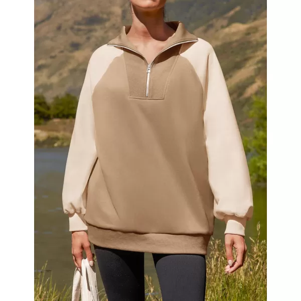 ZESICA Womens Oversized Sweatshirts 2024 Half Zip Long Sleeve Pullover Tops Fall Fashion Color Block ClothesKhaki