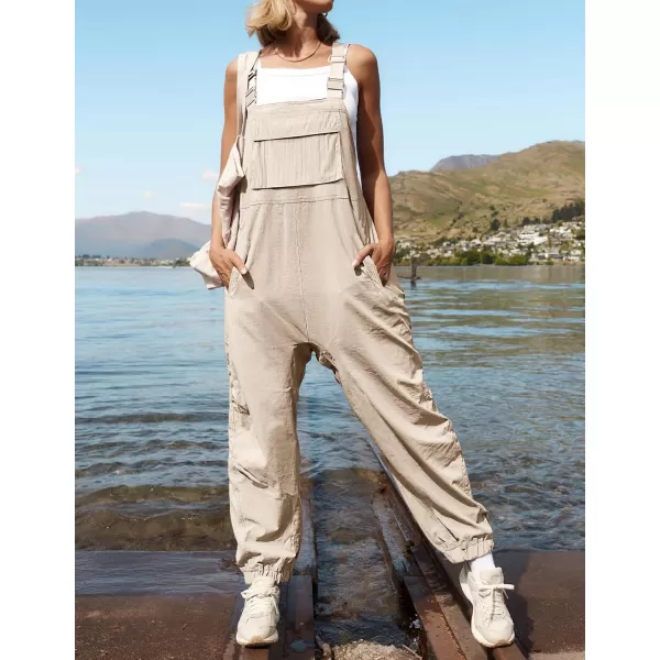 ZESICA Womens Sleeveless Overalls Jumpsuit Casual Loose Adjustable Straps Bib Long Pant Jumpsuits with PocketsApricot