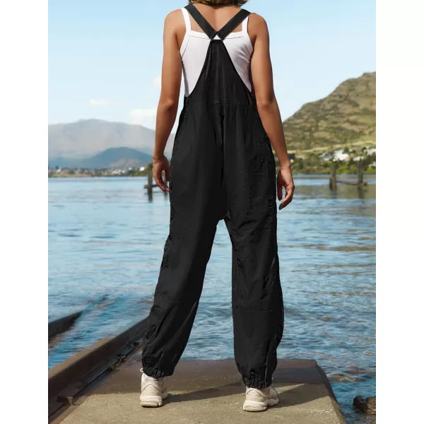 ZESICA Womens Sleeveless Overalls Jumpsuit Casual Loose Adjustable Straps Bib Long Pant Jumpsuits with PocketsBlack