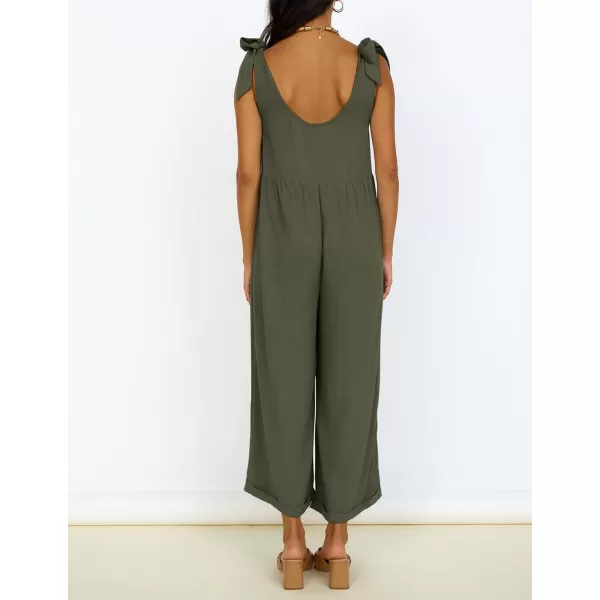 ZESICA Womens Summer Loose Sleeveless Jumpsuits Linen Adjustable Straps Oversized Wide Leg Long Overall Rompers with PocketsArmy Green