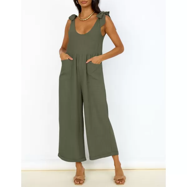 ZESICA Womens Summer Loose Sleeveless Jumpsuits Linen Adjustable Straps Oversized Wide Leg Long Overall Rompers with PocketsArmy Green