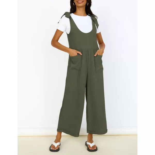ZESICA Womens Summer Loose Sleeveless Jumpsuits Linen Adjustable Straps Oversized Wide Leg Long Overall Rompers with PocketsArmy Green