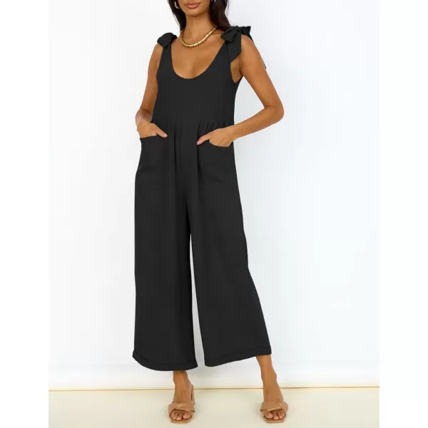 ZESICA Womens Summer Loose Sleeveless Jumpsuits Linen Adjustable Straps Oversized Wide Leg Long Overall Rompers with PocketsBlack