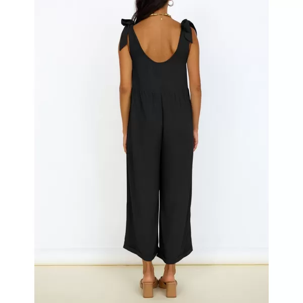 ZESICA Womens Summer Loose Sleeveless Jumpsuits Linen Adjustable Straps Oversized Wide Leg Long Overall Rompers with PocketsBlack