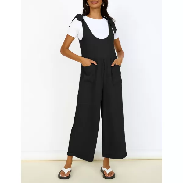 ZESICA Womens Summer Loose Sleeveless Jumpsuits Linen Adjustable Straps Oversized Wide Leg Long Overall Rompers with PocketsBlack