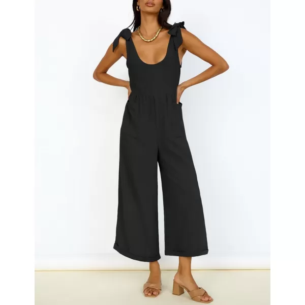 ZESICA Womens Summer Loose Sleeveless Jumpsuits Linen Adjustable Straps Oversized Wide Leg Long Overall Rompers with PocketsBlack