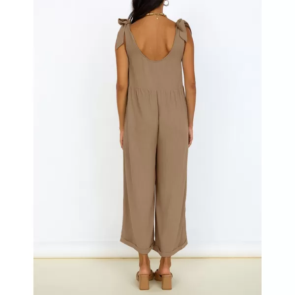ZESICA Womens Summer Loose Sleeveless Jumpsuits Linen Adjustable Straps Oversized Wide Leg Long Overall Rompers with PocketsKhaki