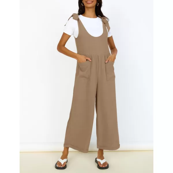 ZESICA Womens Summer Loose Sleeveless Jumpsuits Linen Adjustable Straps Oversized Wide Leg Long Overall Rompers with PocketsKhaki