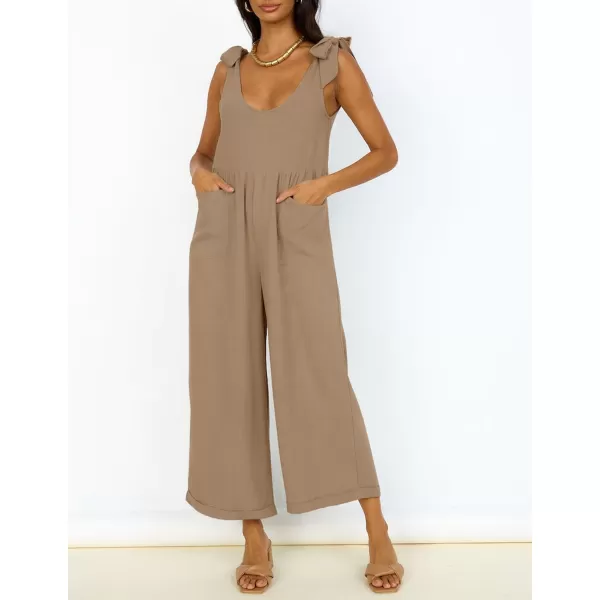 ZESICA Womens Summer Loose Sleeveless Jumpsuits Linen Adjustable Straps Oversized Wide Leg Long Overall Rompers with PocketsKhaki