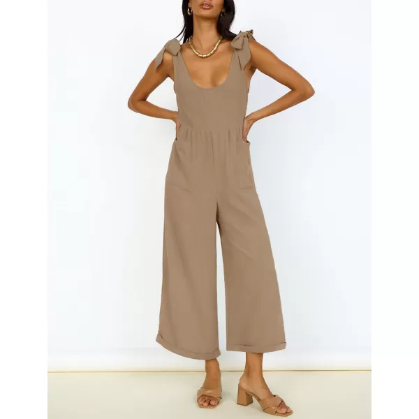 ZESICA Womens Summer Loose Sleeveless Jumpsuits Linen Adjustable Straps Oversized Wide Leg Long Overall Rompers with PocketsKhaki