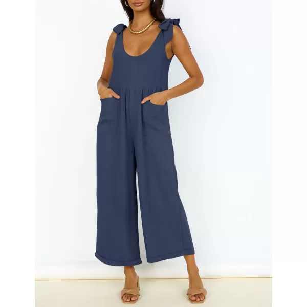 ZESICA Womens Summer Loose Sleeveless Jumpsuits Linen Adjustable Straps Oversized Wide Leg Long Overall Rompers with PocketsNavy
