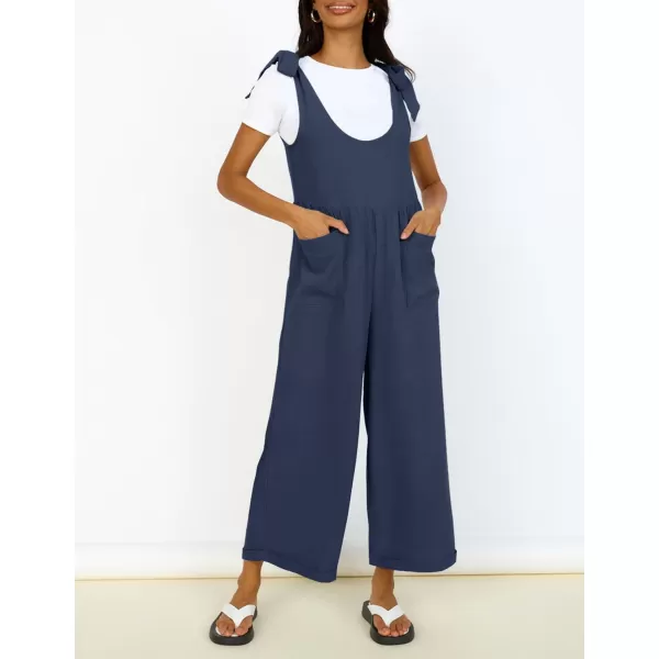 ZESICA Womens Summer Loose Sleeveless Jumpsuits Linen Adjustable Straps Oversized Wide Leg Long Overall Rompers with PocketsNavy
