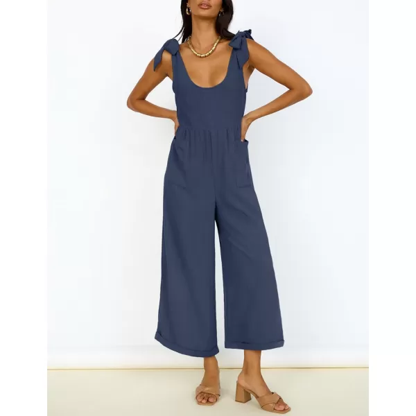 ZESICA Womens Summer Loose Sleeveless Jumpsuits Linen Adjustable Straps Oversized Wide Leg Long Overall Rompers with PocketsNavy