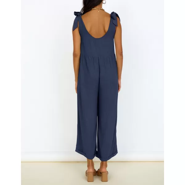 ZESICA Womens Summer Loose Sleeveless Jumpsuits Linen Adjustable Straps Oversized Wide Leg Long Overall Rompers with PocketsNavy