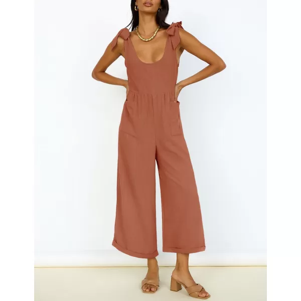ZESICA Womens Summer Loose Sleeveless Jumpsuits Linen Adjustable Straps Oversized Wide Leg Long Overall Rompers with PocketsRust