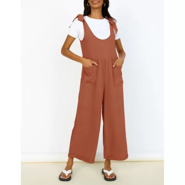 ZESICA Womens Summer Loose Sleeveless Jumpsuits Linen Adjustable Straps Oversized Wide Leg Long Overall Rompers with PocketsRust